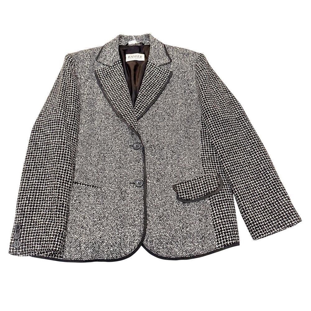 Basler Virgin V-Neck Wool Cross-stitch Herringbone 2-Button Blazer Size 42 / L